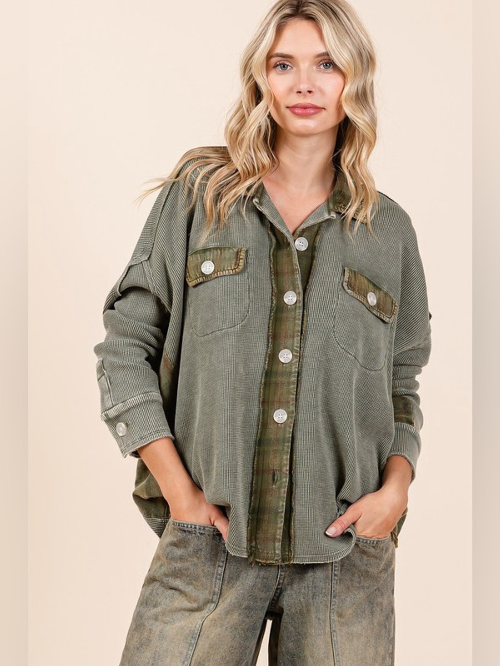 Mittoshop Mineral Washed Plaid Button Down Shacket